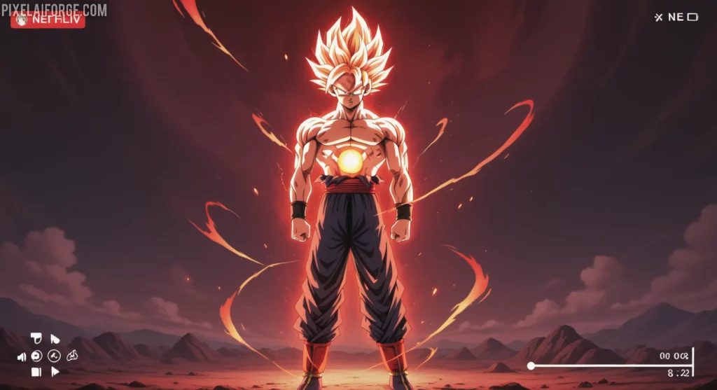 Goku Super Saiyan God en estilo retro con Netflix para ver Dragon Ball Super en castellano.