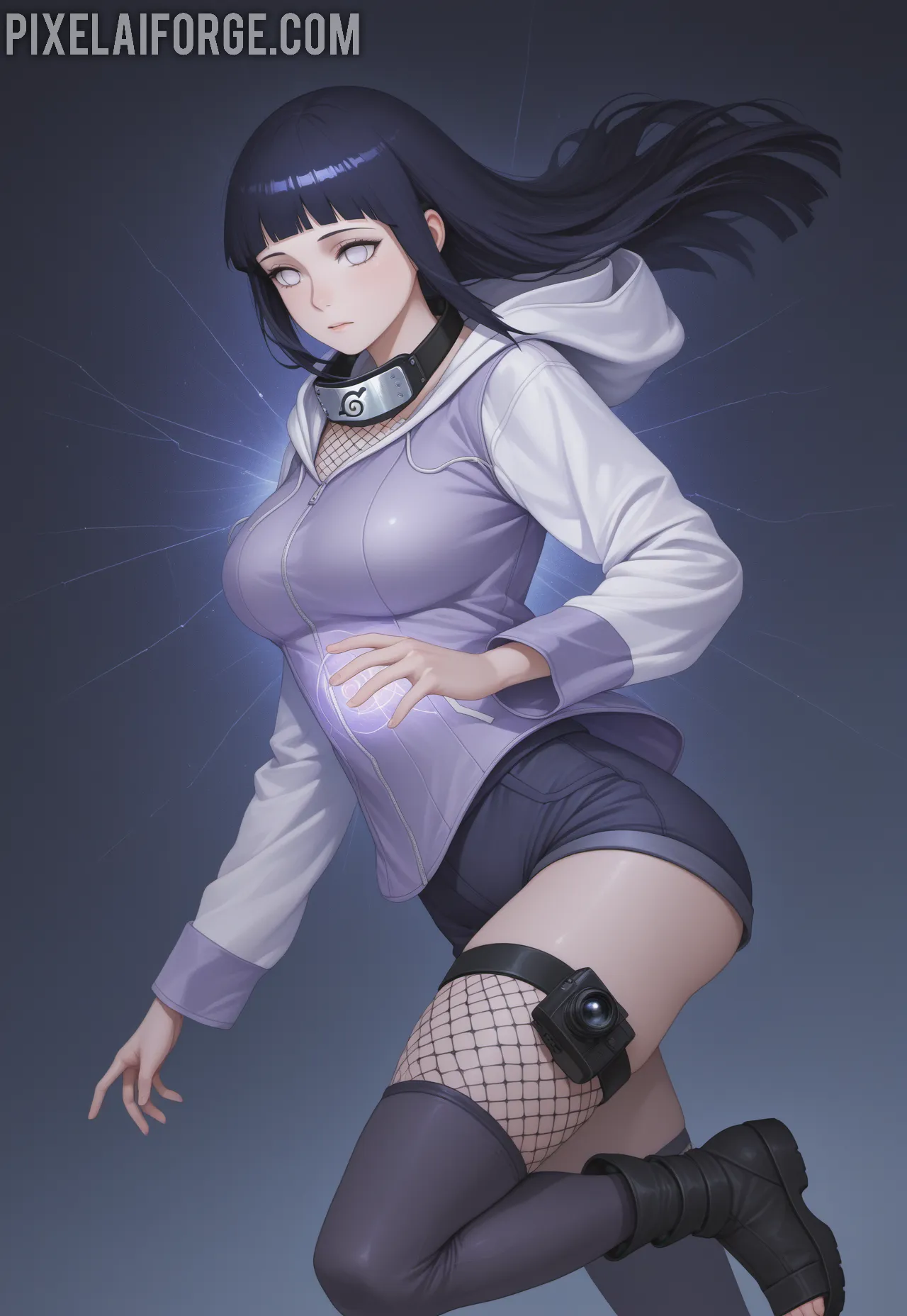 Historia y Legado de Hinata Hyuga: Hinata Hyuga en acción, mostrando agilidad y fuerza en una escena inspirada en Naruto.