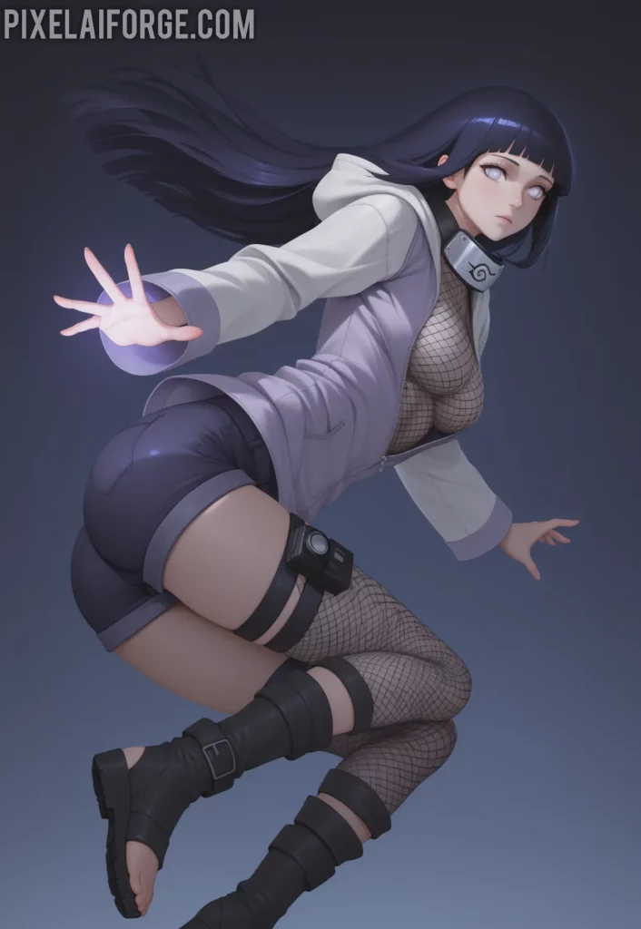 Hinata Hyuga en una pose dinámica, saltando o realizando un movimiento ágil, vistiendo una sudadera ajustada, shorts cortos y medias de red, representando su versatilidad en combate.