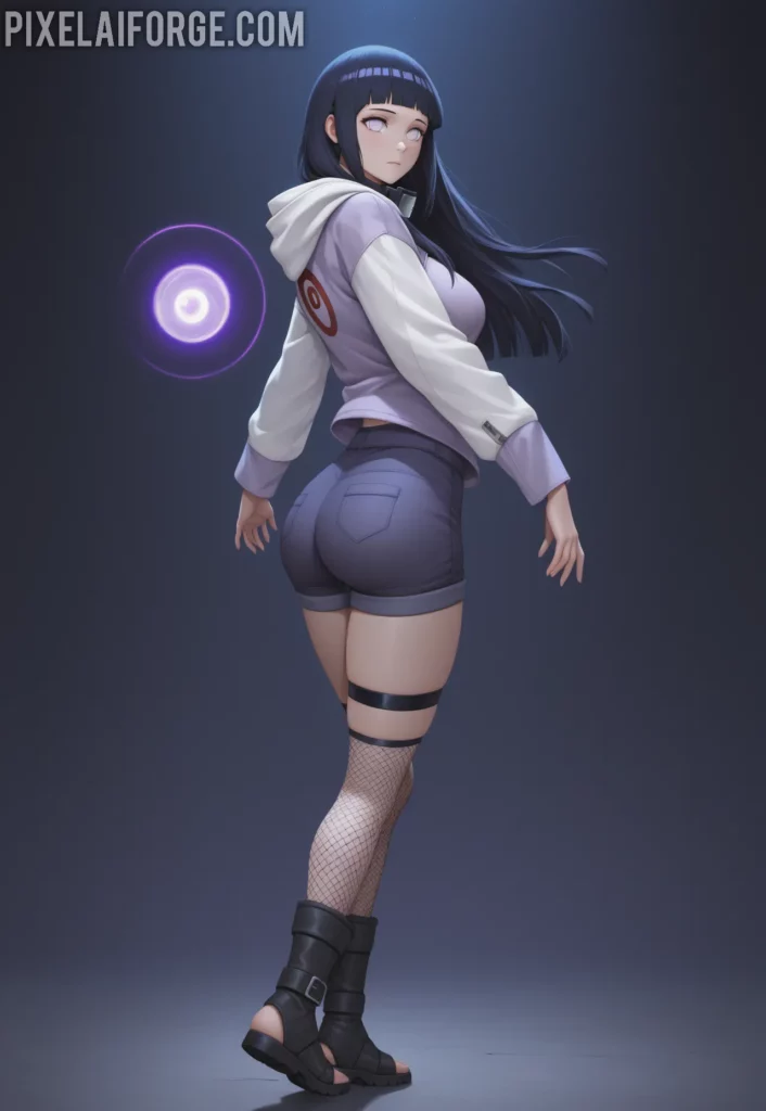 Hinata Hyuga en una pose activa, con atuendo moderno y accesorios del clan Hyuga, capturando su esencia como ninja.