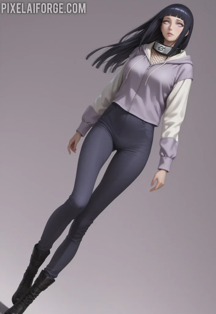 Hinata Hyuga en un look casual y actualizado, combinando elementos tradicionales con ropa moderna.