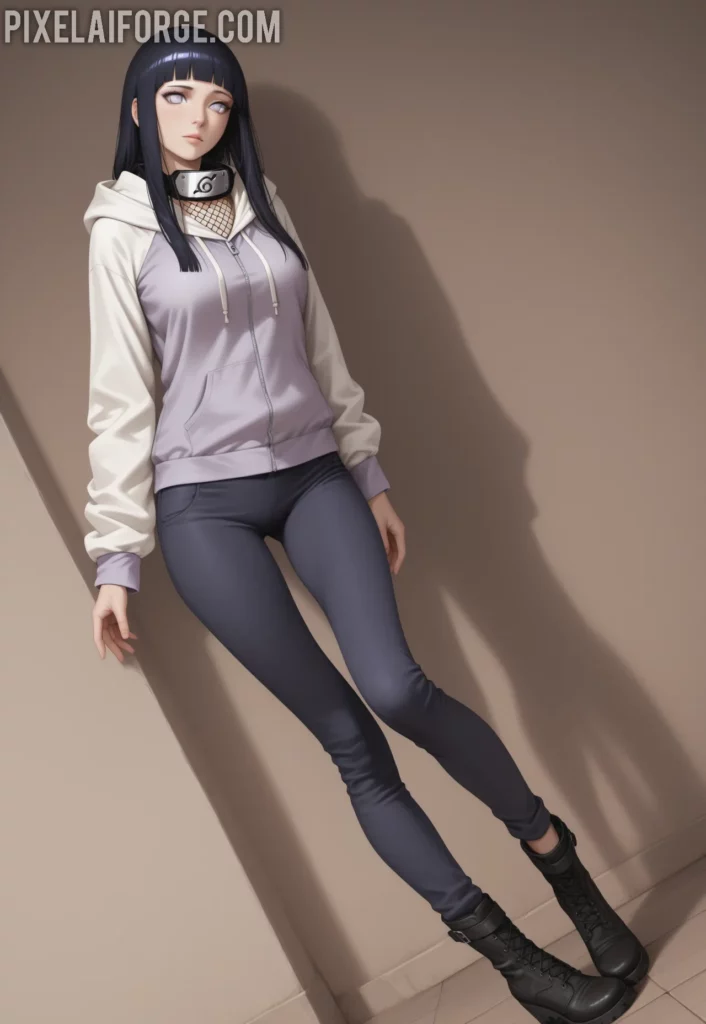 Hinata Hyuga en un look casual y actualizado, combinando elementos tradicionales con ropa moderna.