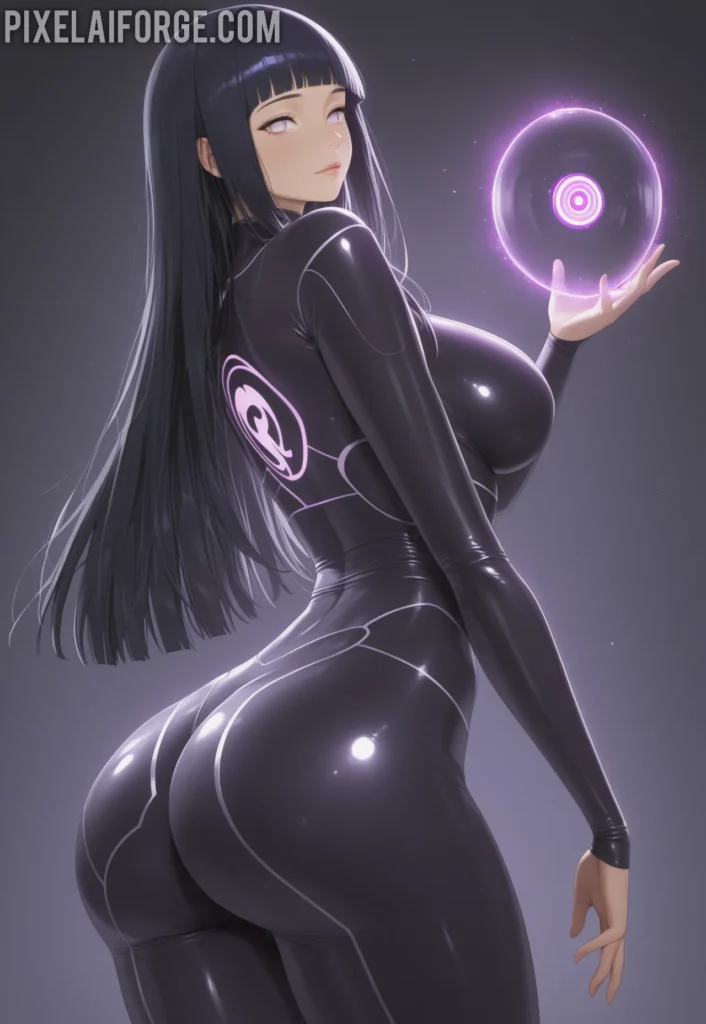 Hinata Hyuga vistiendo un traje futurista y tecnológico, con detalles metálicos y un accesorio en la mano que emite luz púrpura, representando una versión avanzada del personaje de Naruto.