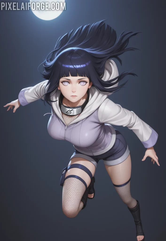 Hinata Hyuga en una pose dinámica, saltando o realizando un movimiento ágil, vistiendo una sudadera ajustada, shorts cortos y medias de red, representando su versatilidad en combate.