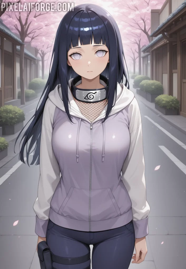 Hinata Hyuga en una pose dinámica, vistiendo una sudadera y pantalon azulrepresentando su versatilidad en combate.