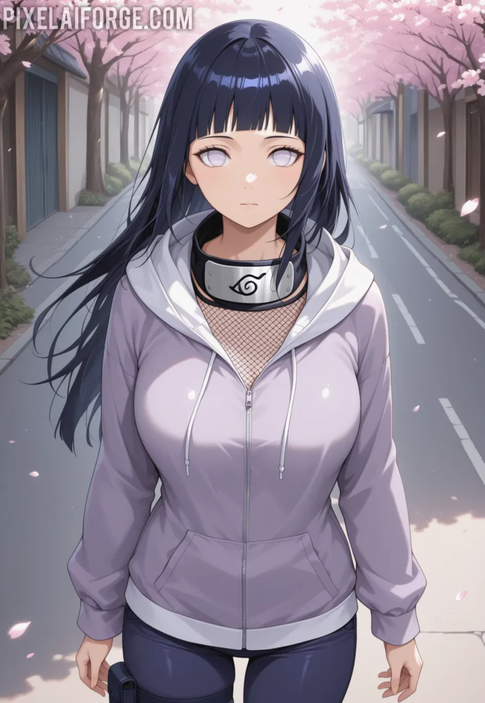 Hinata Hyuga en una calle llena de flor de cerezos
