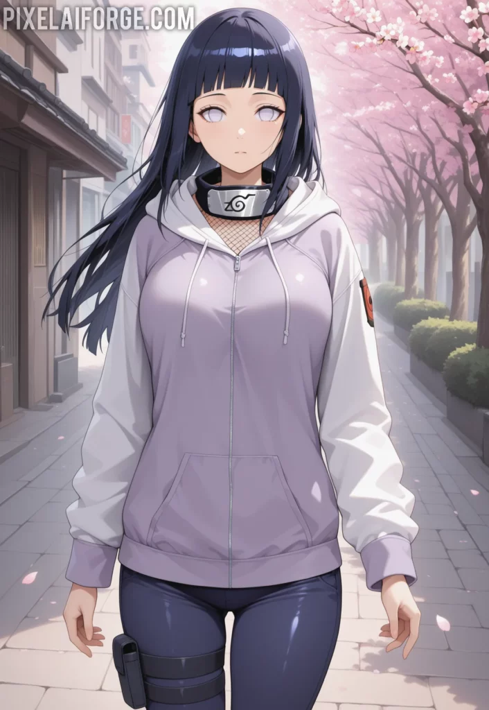 Hinata Hyuga en una calle lleha de flor de cerezos Naruto