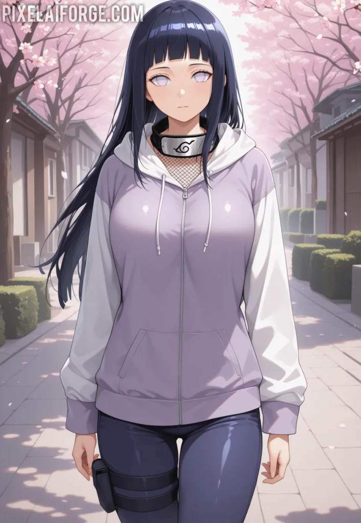 Hinata Hyuga en una calle lleha de flor de cerezos Naruto