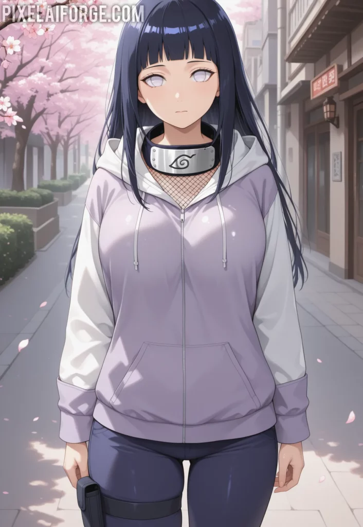 Hinata Hyuga en una calle lleha de flor de cerezos Naruto