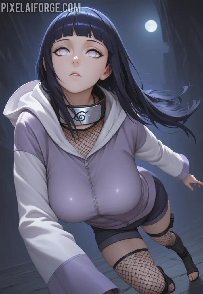 Hinata Hyuga en una pose activa, con atuendo moderno y accesorios del clan Hyuga, capturando su esencia como ninja.