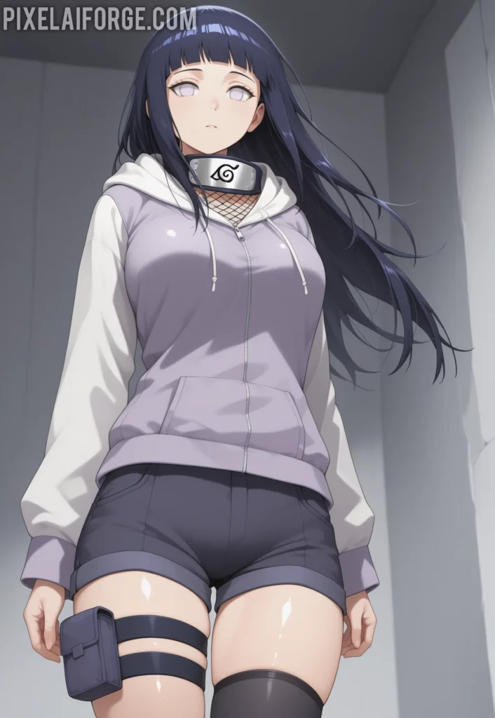 Hinata Hyuga luciendo un atuendo moderno con sudadera abierta, top de malla y shorts cortos, representando una versión contemporánea del personaje de Naruto.
