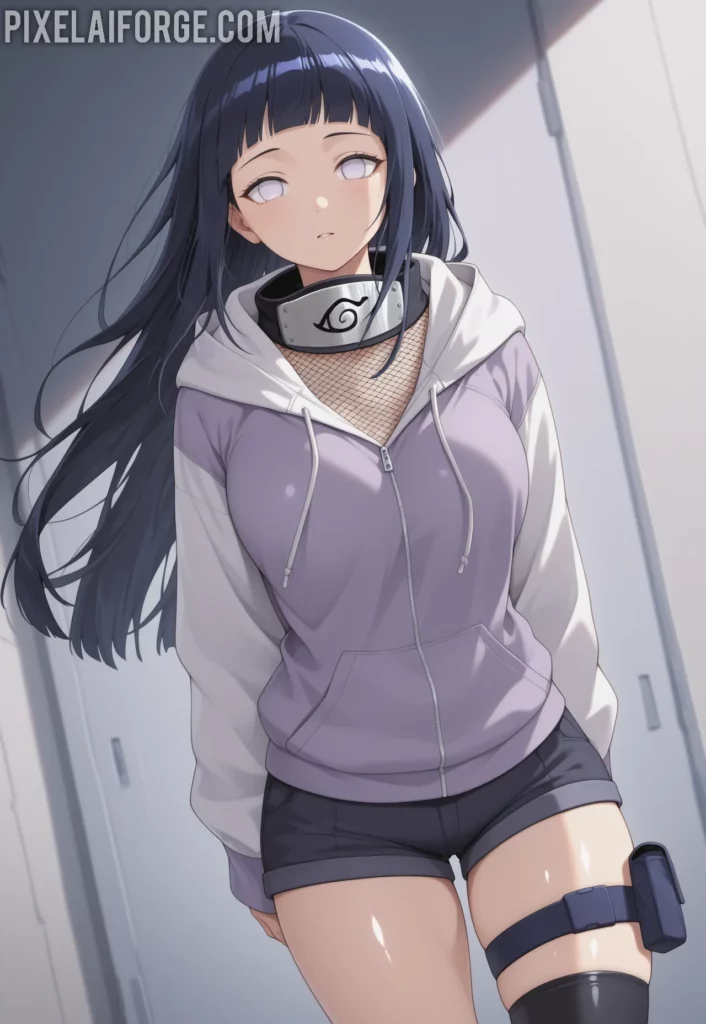 Hinata Hyuga luciendo un atuendo moderno con sudadera abierta, top de malla y shorts cortos, representando una versión contemporánea del personaje de Naruto.