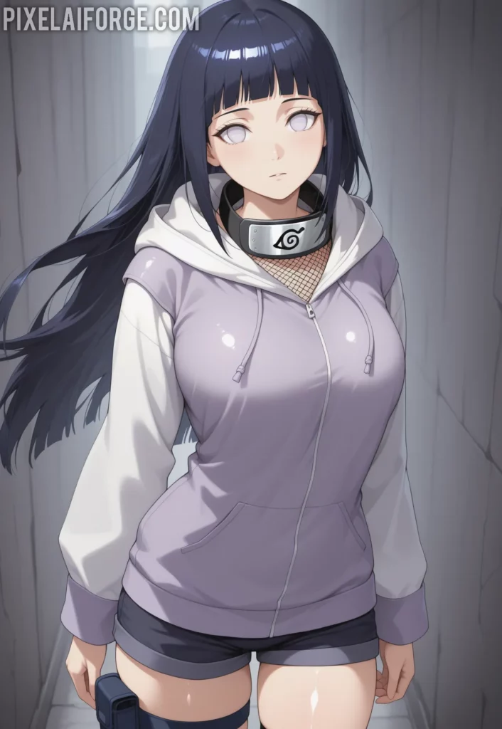Hinata Hyuga luciendo un atuendo moderno con sudadera abierta, top de malla y shorts cortos, representando una versión contemporánea del personaje de Naruto.