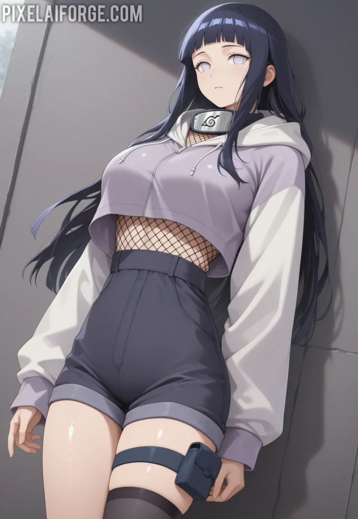Hinata Hyuga en un look casual y actualizado, combinando elementos tradicionales con ropa moderna.