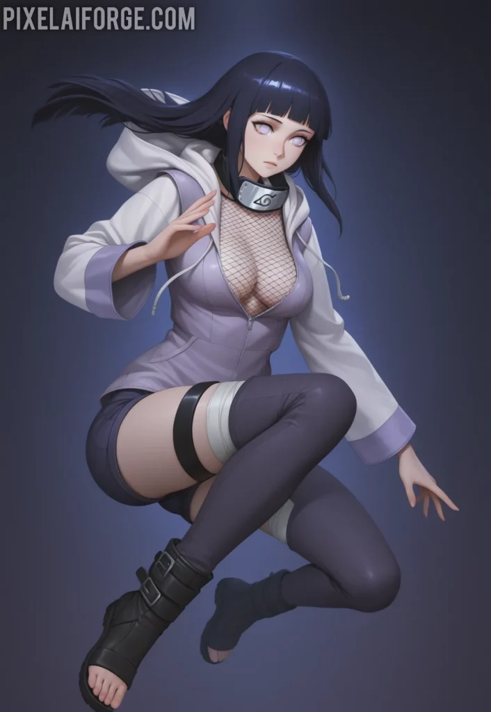Hinata Hyuga en una pose activa, con atuendo moderno y accesorios del clan Hyuga, capturando su esencia como ninja.