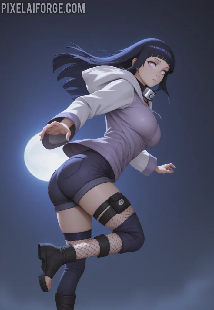 Hinata Hyuga en una pose dinámica, saltando o realizando un movimiento ágil, vistiendo una sudadera ajustada, shorts cortos y medias de red, representando su versatilidad en combate.