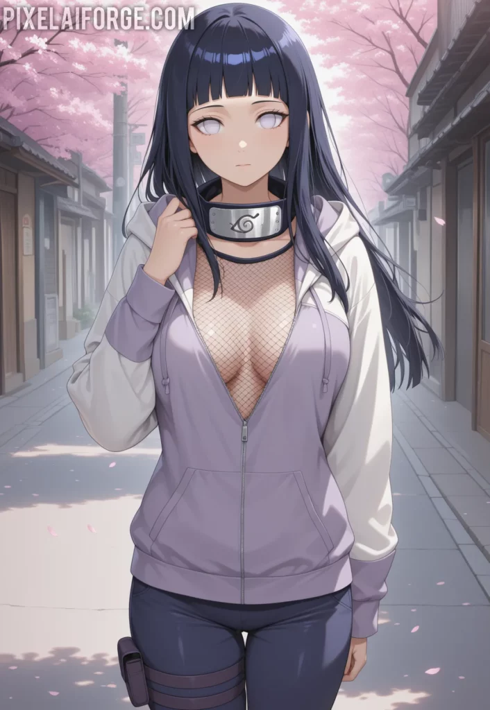 Hinata Hyuga luciendo un atuendo moderno con sudadera abierta, top de malla y shorts cortos, representando una versión contemporánea del personaje de Naruto.