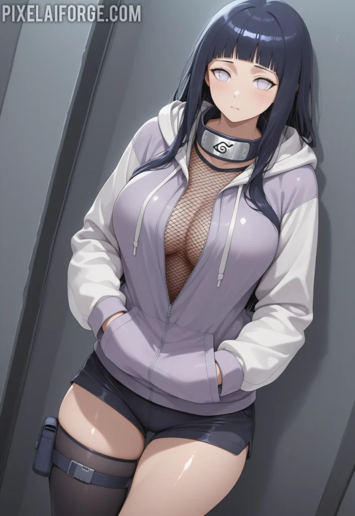 Hinata Hyuga luciendo un atuendo moderno con sudadera abierta, top de malla y shorts cortos, representando una versión contemporánea del personaje de Naruto.