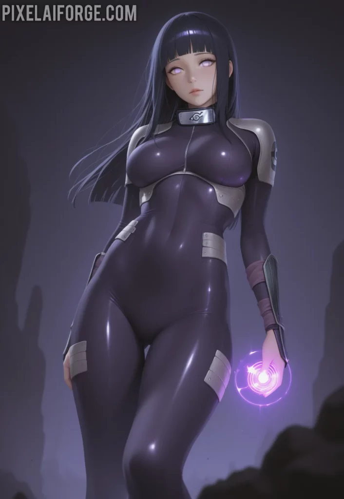 Hinata Hyuga vistiendo un traje futurista y tecnológico, con detalles metálicos y un accesorio en la mano que emite luz púrpura, representando una versión avanzada del personaje de Naruto.