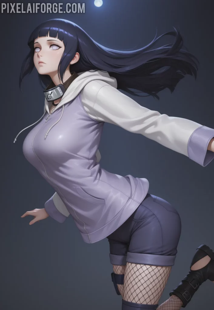 Hinata Hyuga en una pose dinámica, saltando o realizando un movimiento ágil, vistiendo una sudadera ajustada, shorts cortos y medias de red, representando su versatilidad en combate.