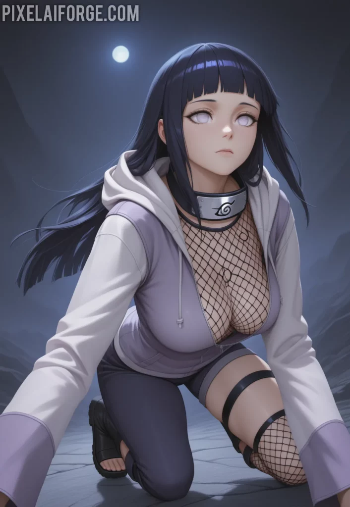 Hinata Hyuga en una pose dinámica, saltando o realizando un movimiento ágil, vistiendo una sudadera ajustada, shorts cortos y medias de red, representando su versatilidad en combate.