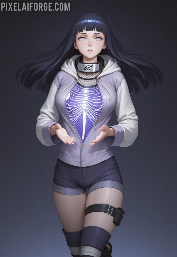 Hinata Hyuga en una pose dinámica, saltando o realizando un movimiento ágil, vistiendo una sudadera ajustada, shorts cortos y medias de red, representando su versatilidad en combate.