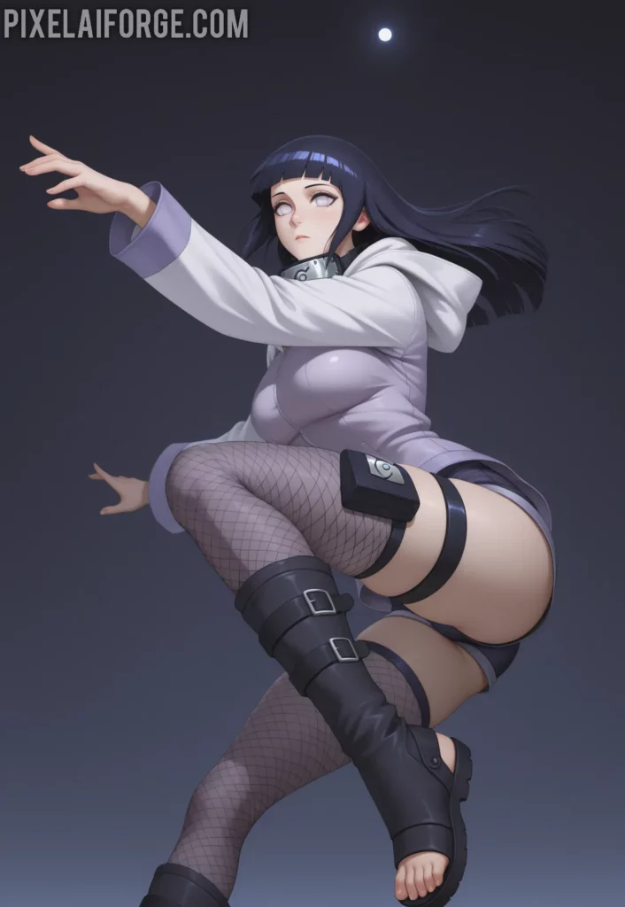 Hinata Hyuga en una pose dinámica, saltando o realizando un movimiento ágil, vistiendo una sudadera ajustada, shorts cortos y medias de red, representando su versatilidad en combate.