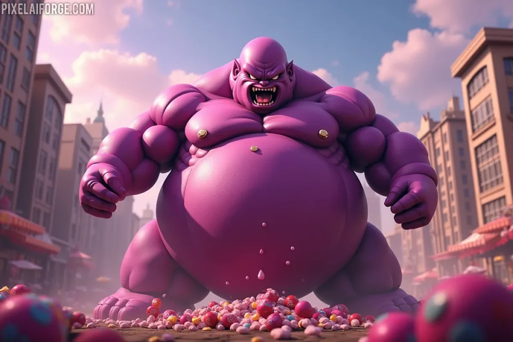 Majin Buu en una escena para ver Dragon Ball Z online en plataformas de streaming.