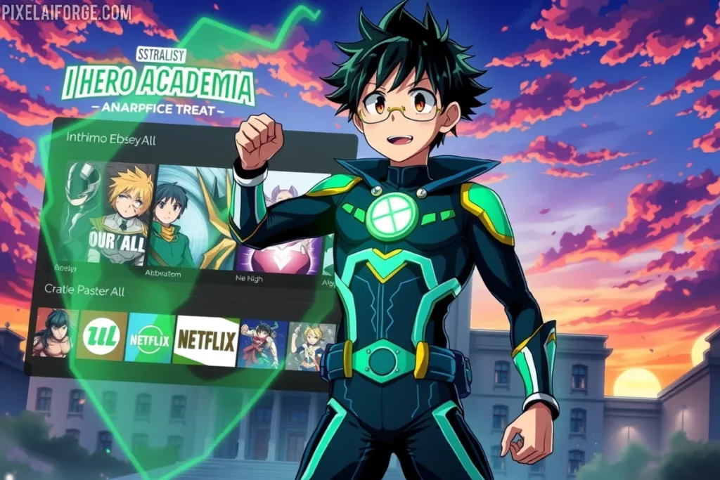 Izuku Midoriya con One For All frente a una interfaz de streaming para ver My Hero Academia online en español en 2025.