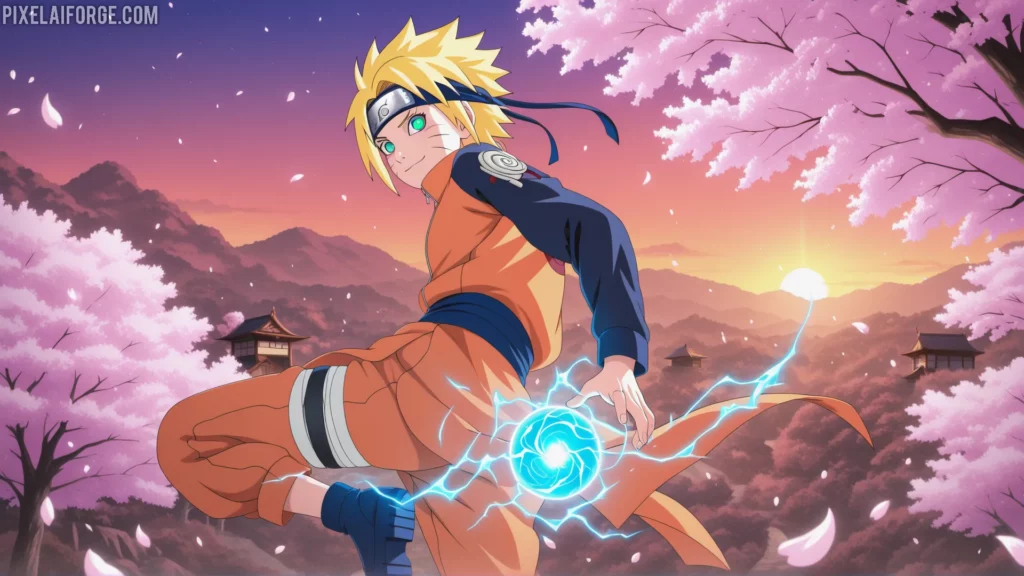 Naruto Uzumaki en una pose épica con el Rasengan, representando el anime más popular de 2025.