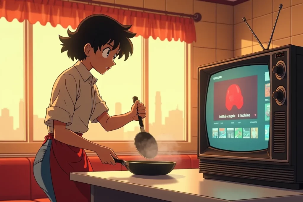 Soma Yukihira en estilo retro con Netflix para ver Shokugeki no Soma en 2025.