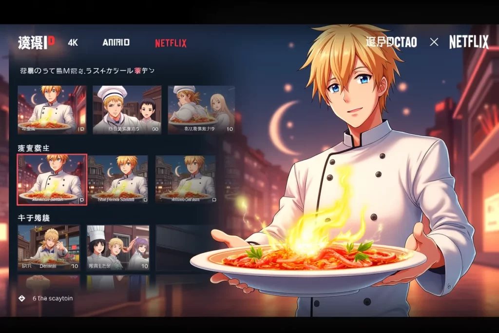 Soma Yukihira con un plato frente a AnimeID para ver Shokugeki no Soma en 2025.