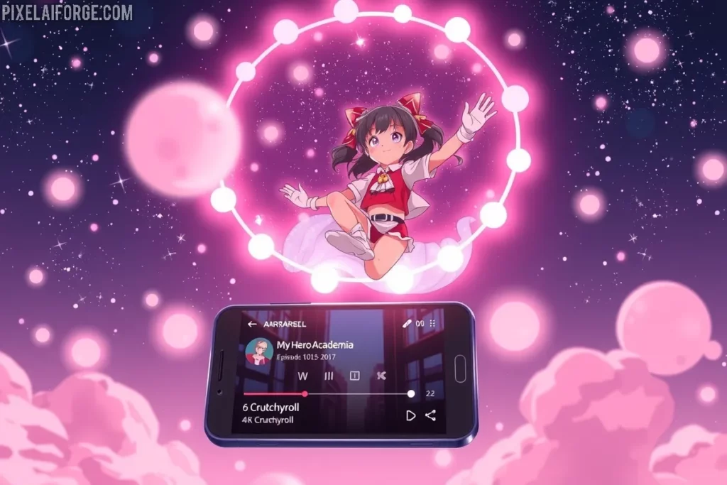 Uraraka flotando con Crunchyroll para ver My Hero Academia online en móviles.