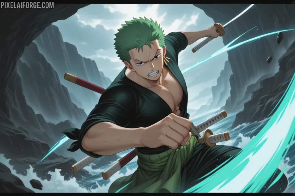 Zoro en combate con interfaz de AnimeFLV para ver One Piece gratis online.