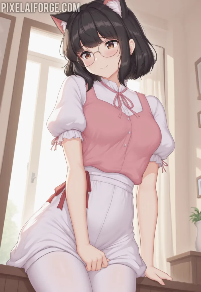 Anime cat girl in a pink dress and white stockings with cat ears, standing with a cat in the background