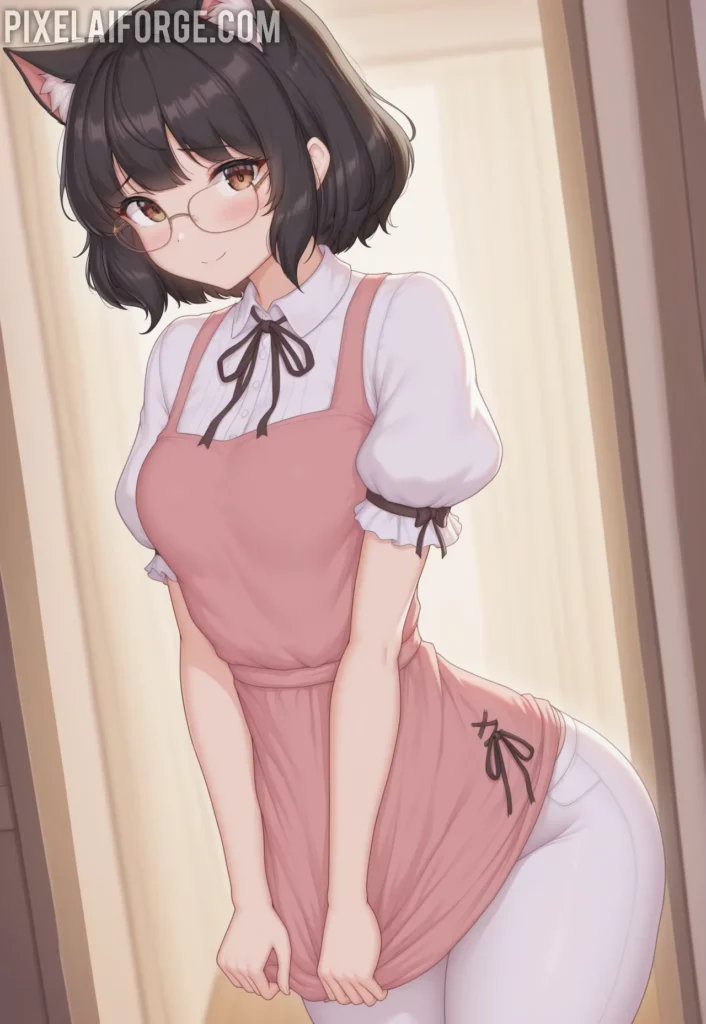 Anime cat girl in a pink dress and white stockings with cat ears, standing with a cat in the background