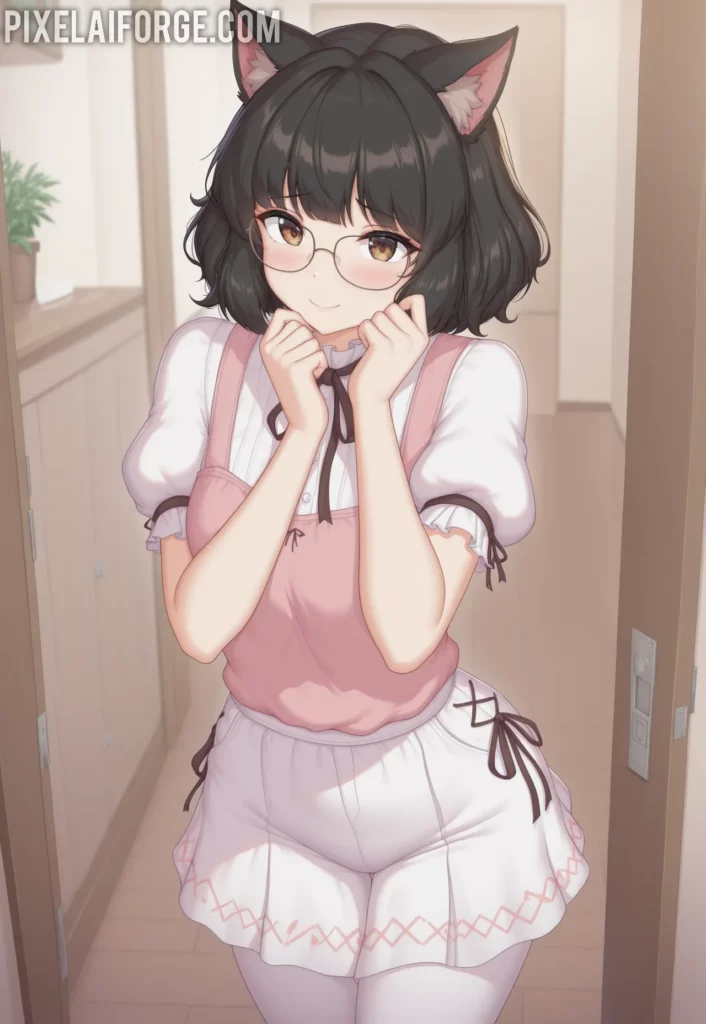 Anime cat girl in a pink dress and white stockings with cat ears, standing with a cat in the background