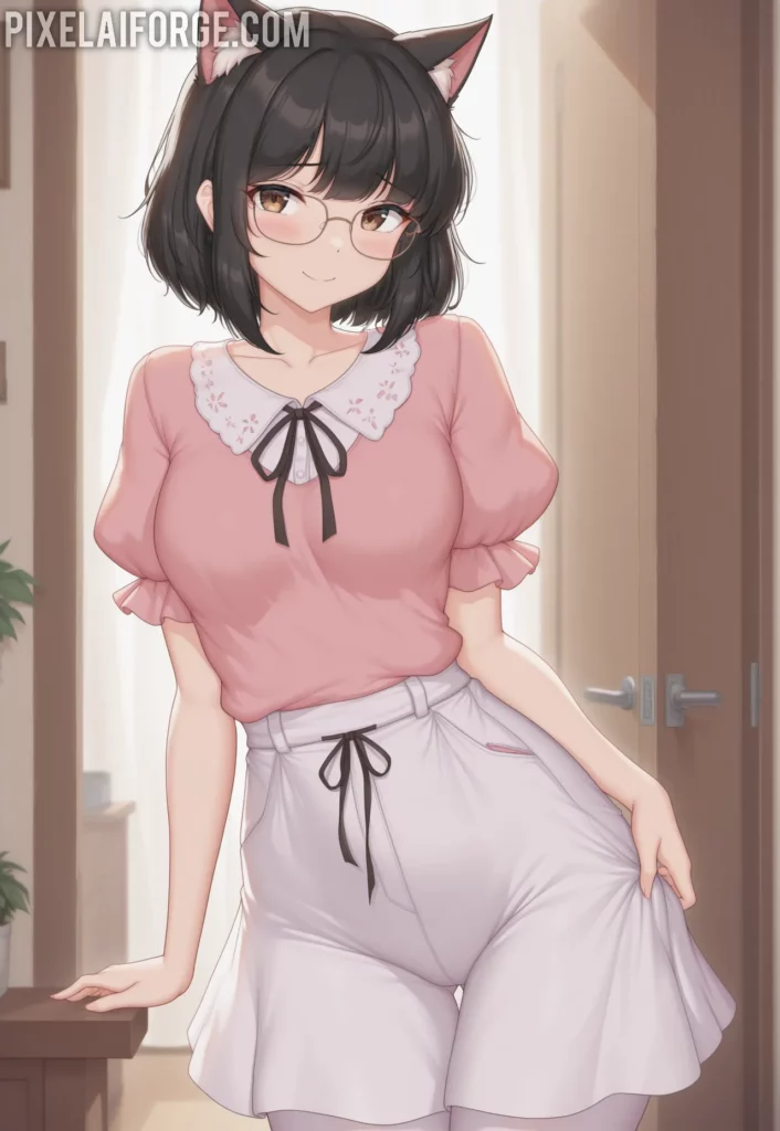Anime cat girl in a pink dress and white stockings with cat ears, standing with a cat in the background