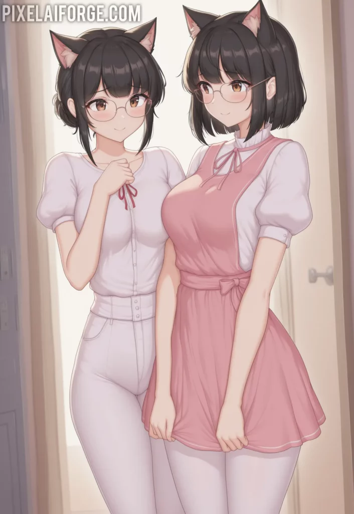 Anime cat girl in a pink dress and white stockings with cat ears, standing with a cat in the background