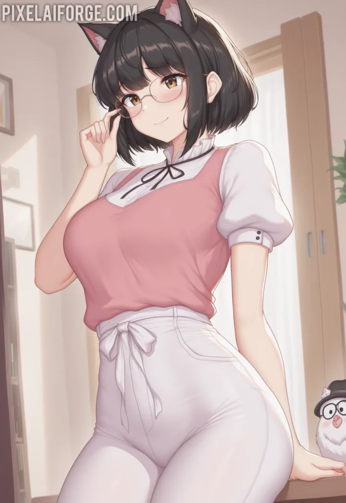 Anime cat girl in a pink dress and white stockings with cat ears, standing with a cat in the background