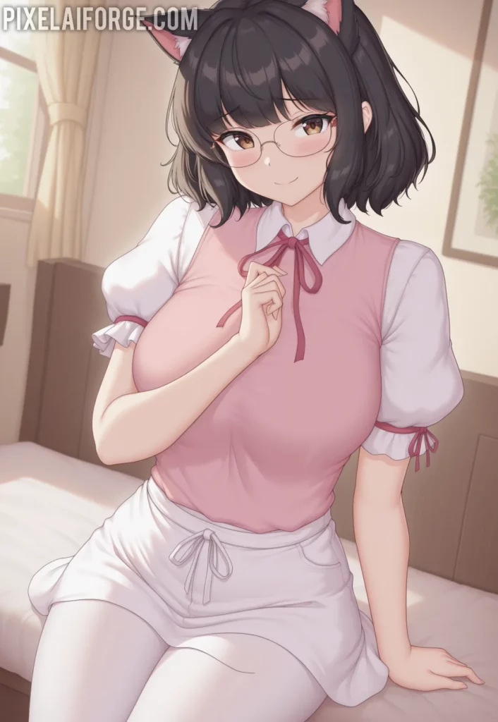 Anime cat girl in a pink dress and white stockings with cat ears, standing with a cat in the background
