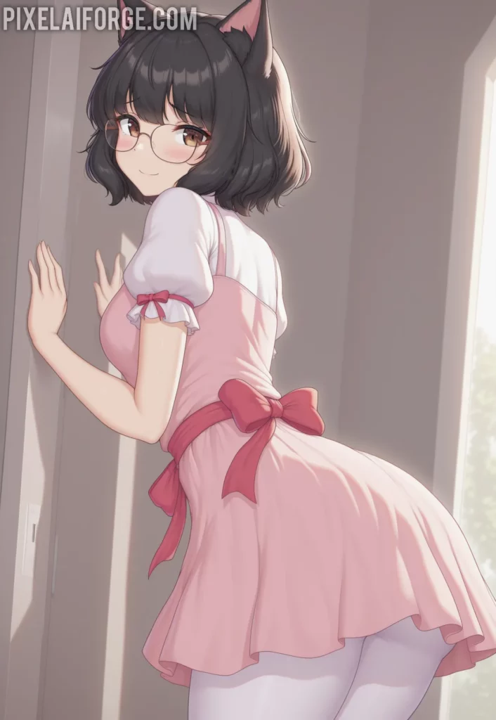 Anime cat girl in a pink dress and white stockings with cat ears, standing with a cat in the background