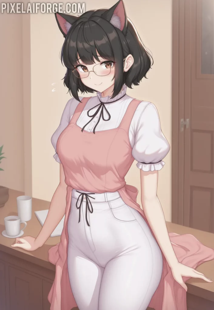 Anime cat girl in a pink dress and white stockings with cat ears, standing with a cat in the background