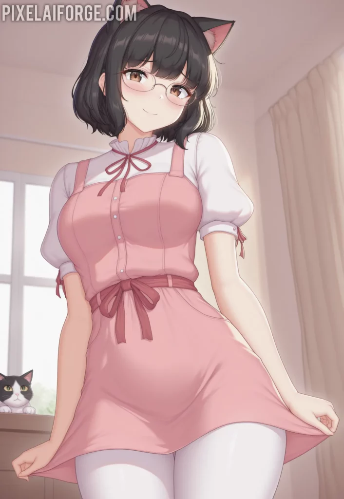 Anime cat girl in a pink dress and white stockings with cat ears, standing with a cat in the background