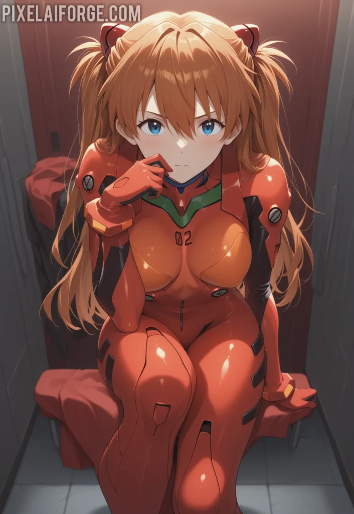 Asuka Langley Soryu piloting Eva-02 in Neon Genesis Evangelion, showcasing her fierce determination