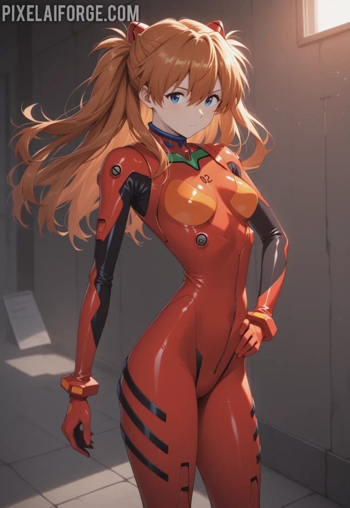 Asuka in her red plugsuit, exuding confidence in Neon Genesis Evangelion