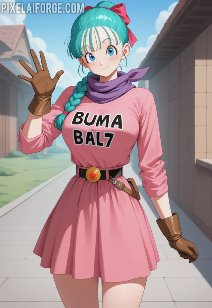 Bulma in Dragon Ball Super, with her modern style and confident demeanor