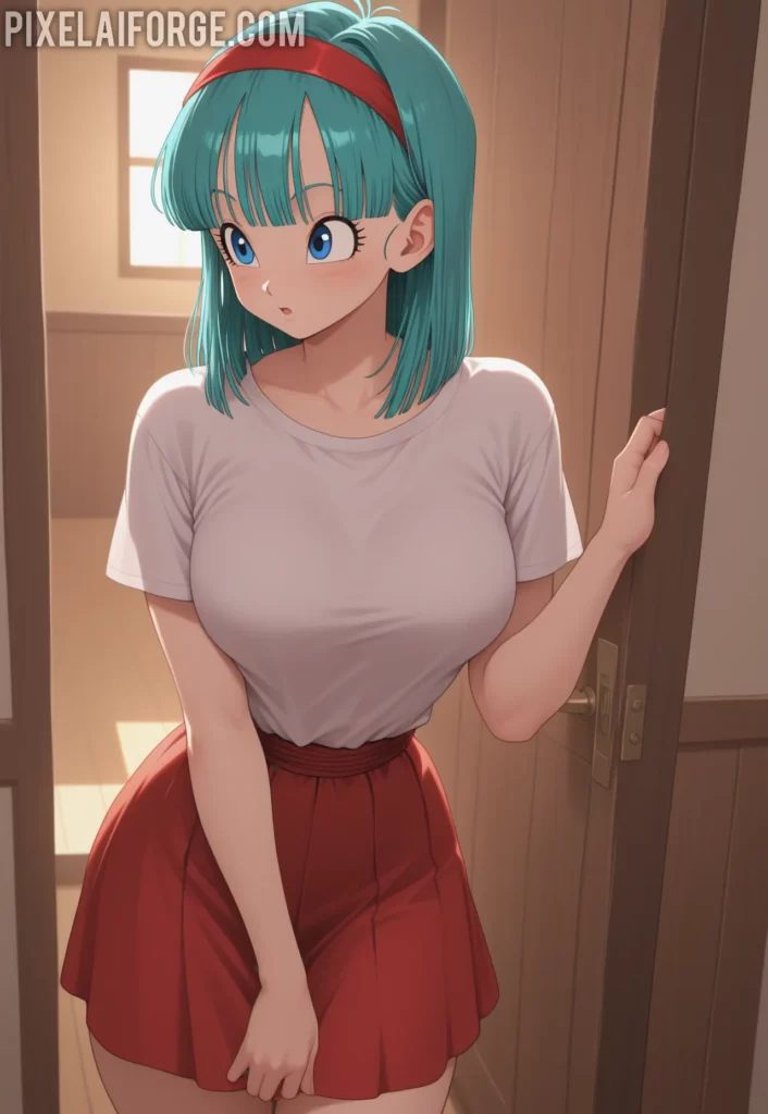 Bulma cosplay featuring her iconic blue hair and Capsule Corp outfit