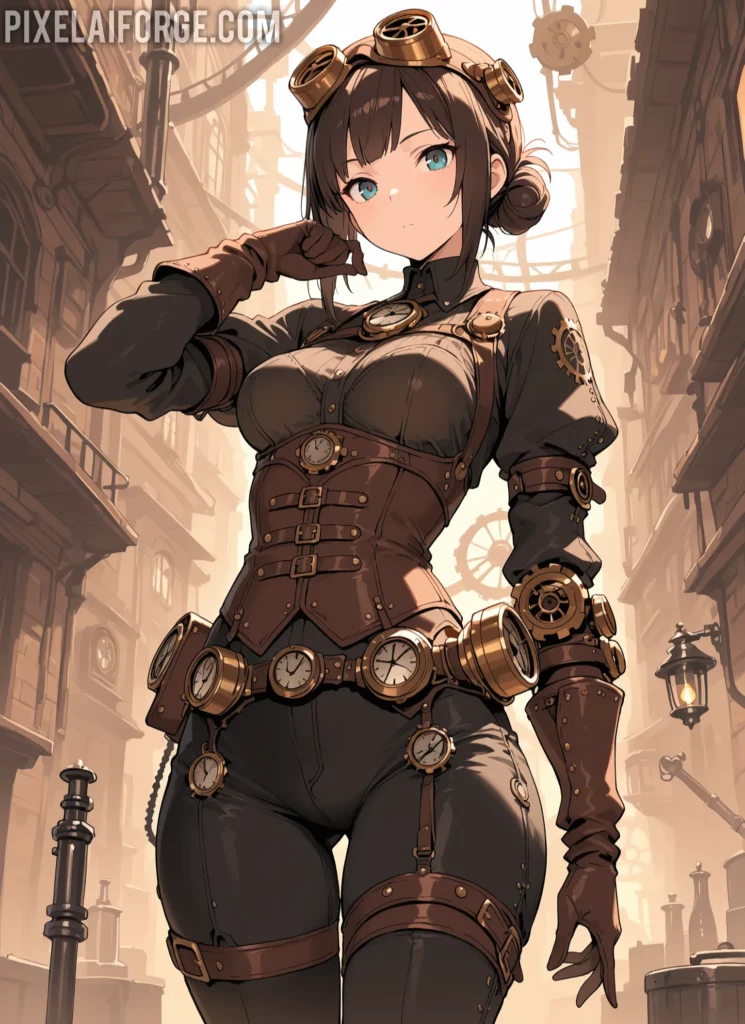 Ciudad steampunk iluminada con neón