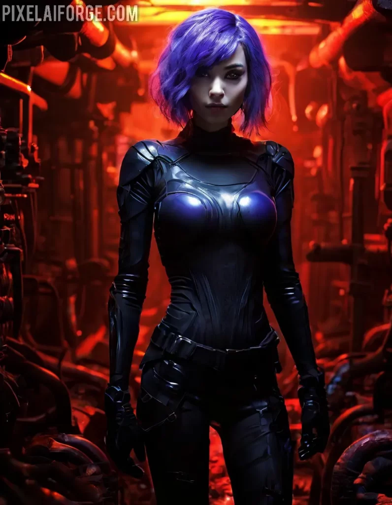 Ilustración anime generada por IA, personaje femenino con fondo ciberpunk